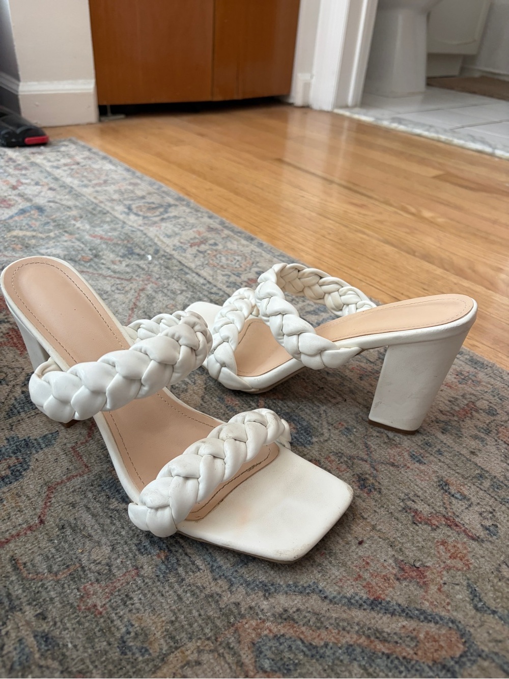 Amazon Braided Double-Strap Block Heel Sandals in White